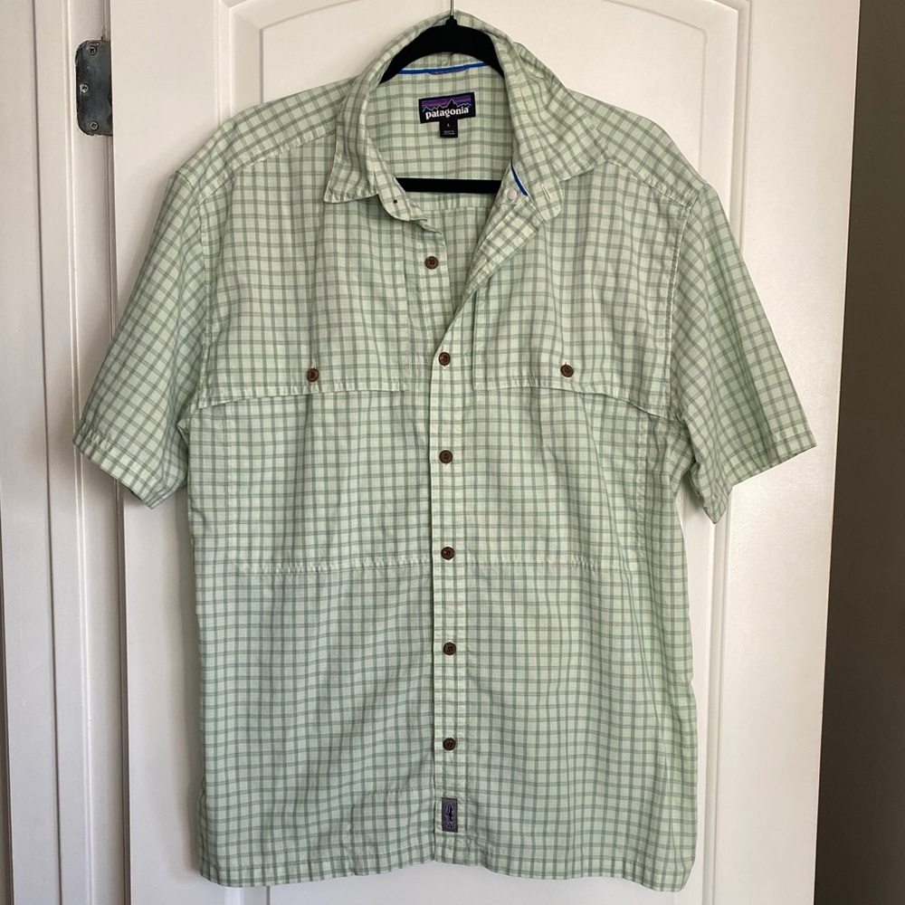 Patagonia Short Sleeved Island Hopper Shirt Green Plaid Fishing Men's Large